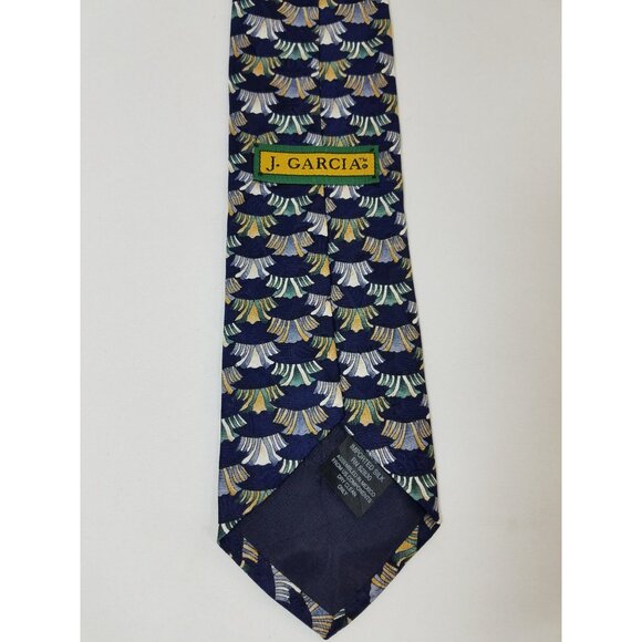 J Garcia Mens Neck tie Silk navy blue geometric abstract pattern green gray tan - Picture 3 of 7